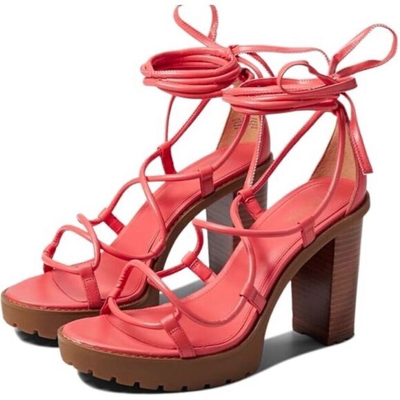 Michael Kors Platform Sandal Size 10 Coral Leather Ankle Wrap Open Toe Heels‎ - Picture 1 of 9